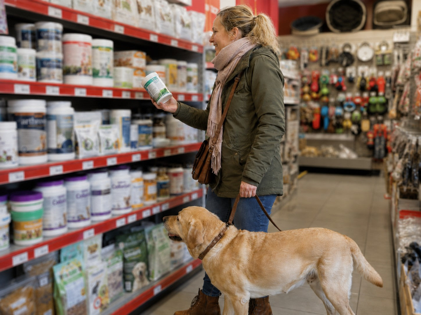 Halter vor dem Regal mit Gelenkpräparaten, Dose in der Hand